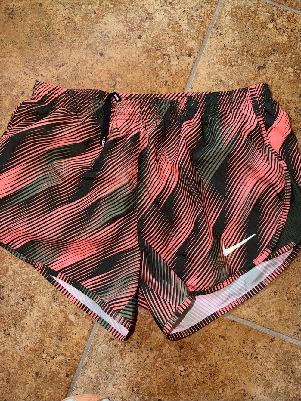 Nike Women's Coral and Black Striped Athletic Shorts